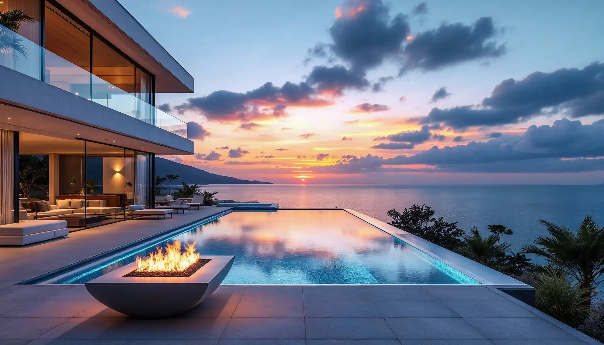 Una piscina desbordante de revestimiento oscuro reflejando el cielo del atardecer