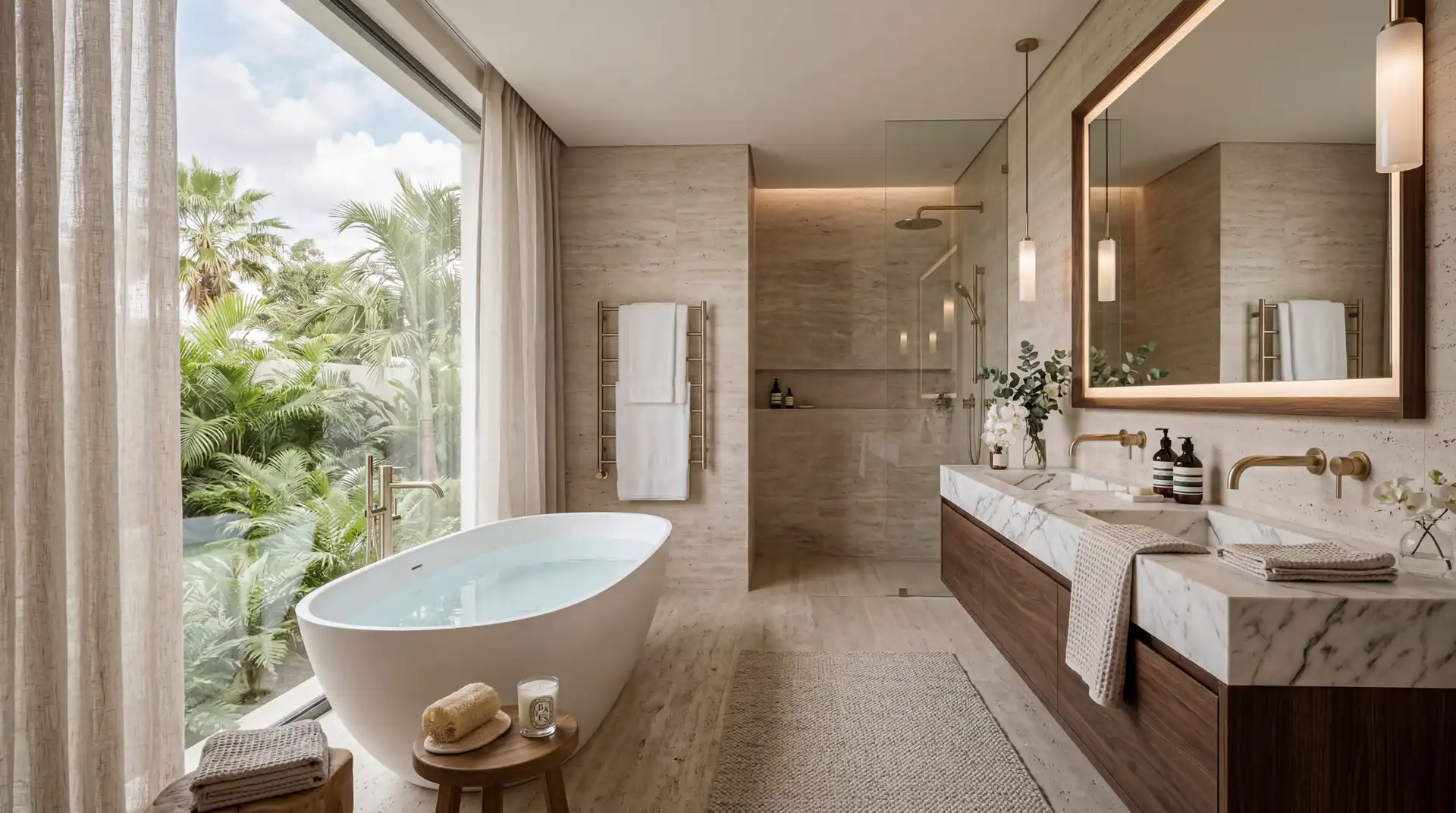 Un baño de piedra con una bañera exenta junto a una ventana al jardín